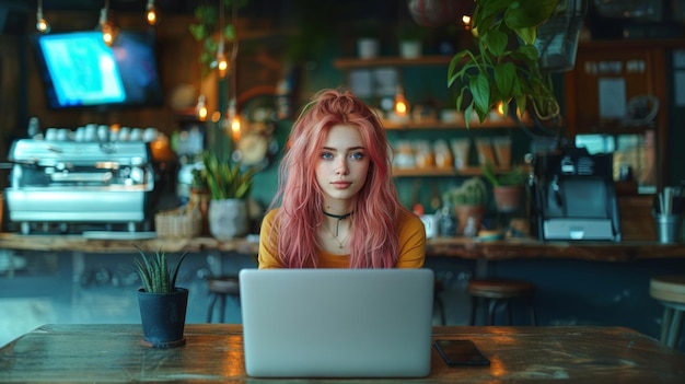 Jovem mulher de cabelo rosa a trabalhar no portátil num café aconchegante