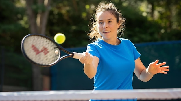 Jovem mulher de camisa azul jogando tênis ela bate a bola com uma raquete