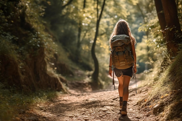 jovem mulher de mochila caminhando na montanha da floresta