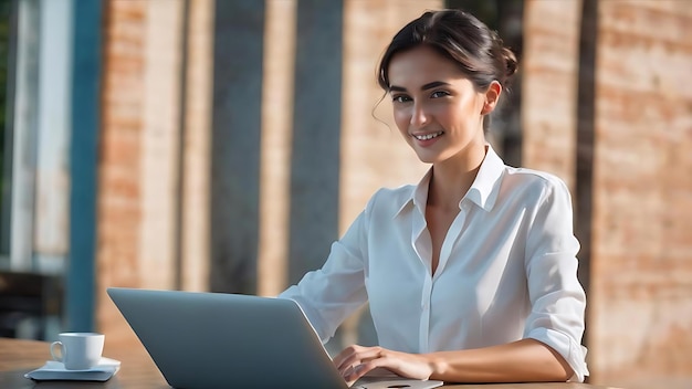 Jovem mulher de negócios bonita com cabelos curtos escuros em camisa branca felizmente trabalhando em laptop sobre azul