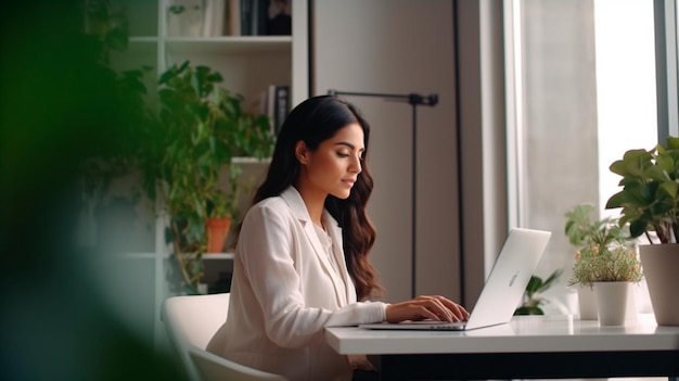 Foto jovem mulher de negócios digitando no laptop no escritório