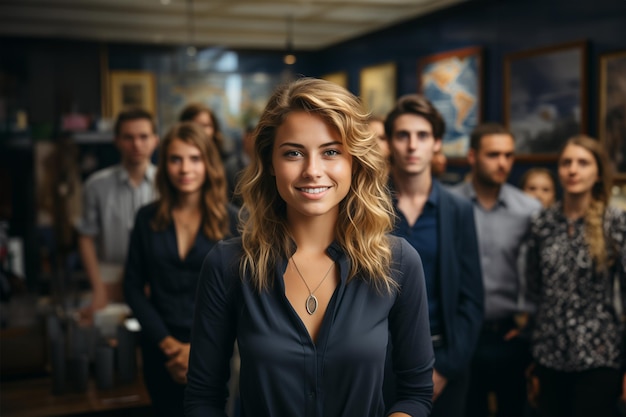 Jovem mulher de negócios e sua equipe de trabalho