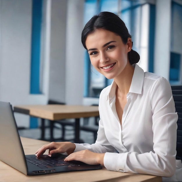 Jovem mulher de negócios sorridente com cabelos curtos escuros em camisa branca trabalhando em laptop sobre b azul