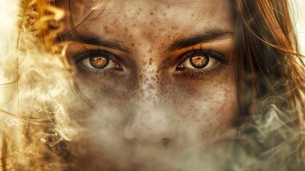 Jovem mulher de olhos azuis cercada por fumaça