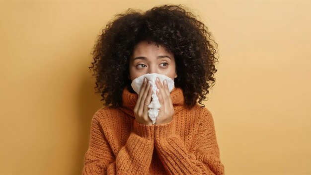 Foto jovem mulher de raça mista com um resfriado em fundo amarelo