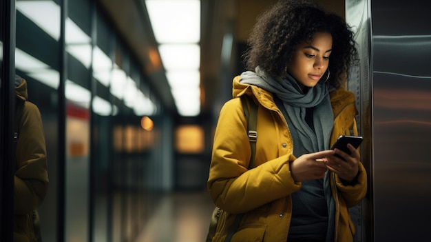 Jovem mulher de raça mista em uma estação de metrô indoor usando uma fotografia de revista de smartphone vibrante