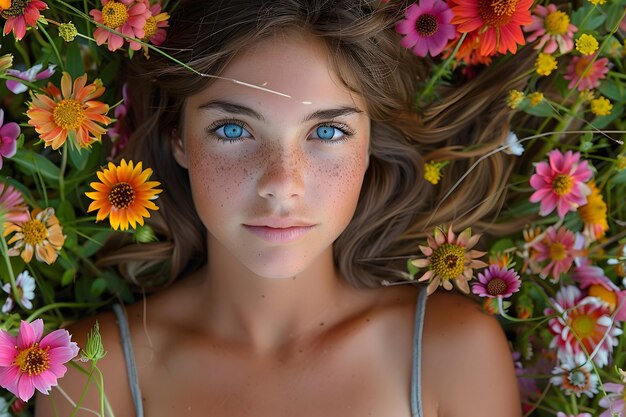 Jovem mulher deitada em um campo de flores