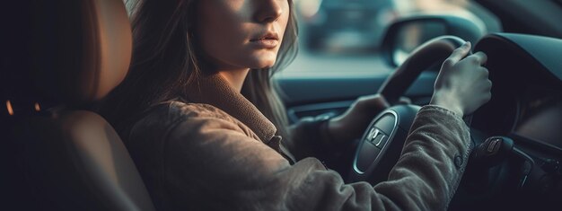 Foto jovem mulher dirigindo um carro, ela está olhando para o volante generative ai