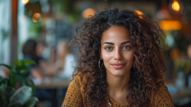 Foto jovem mulher elegante com cabelos encaracolados usando computador portátil em agência de marketing colegas em fundo trabalhando gerente do oriente médio na mesa em escritório criativo