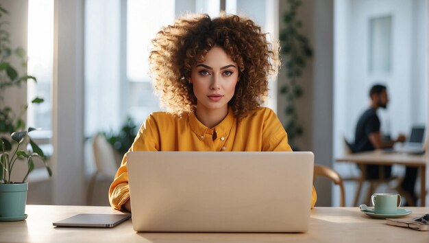 Jovem mulher elegante com cabelos encaracolados usando computador portátil