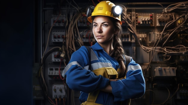 Foto jovem mulher eletricista de pé sobre fundo isolado