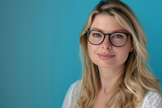 jovem mulher em fundo azul IA generativa