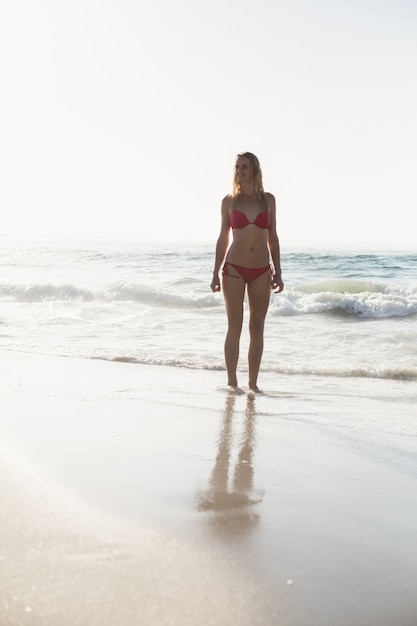 Jovem mulher em pé de biquíni na praia