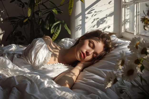 Jovem mulher encantadora dormindo na cama perto da janela nos raios do nascer do sol entre flores e plantas