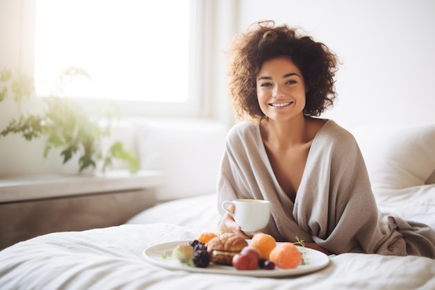 Foto jovem mulher encaracolada tomando café da manhã na cama