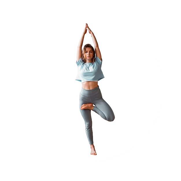 Jovem mulher Equilíbrio e Harmonia Yoga exercício asana flexibilidade isolado fundo branco