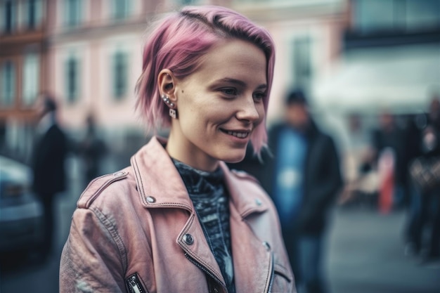 Jovem mulher escandinava sorrindo e usando um telefone móvel futurista Generative AI AIG18