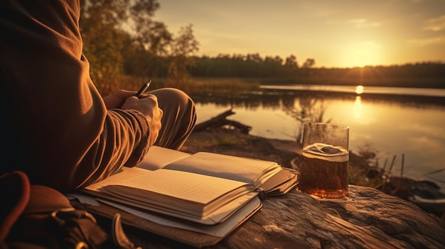 Foto jovem mulher escrevendo um caderno em um belo lago ao pôr do sol