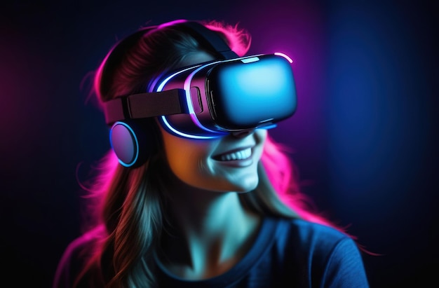 Foto jovem mulher europeia sorridente usando óculos de realidade virtual metaverse vr