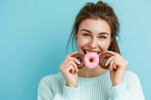 Jovem mulher feliz em camisola casual segurar doces creme rosa donuts mordendo barra de chocolate