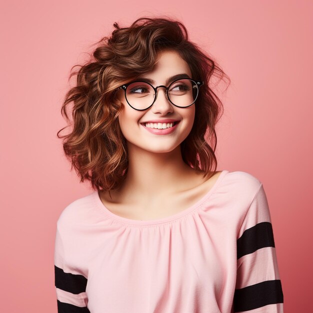 Foto jovem mulher feliz isolada em fundo rosa