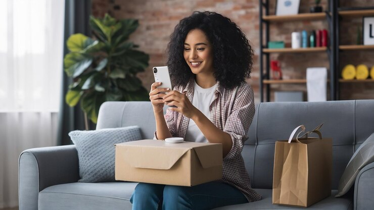 Foto jovem mulher feliz satisfeita, viciada em compras, cliente sentada no sofá, desembalando a caixa de entrega de encomendas, loja online.