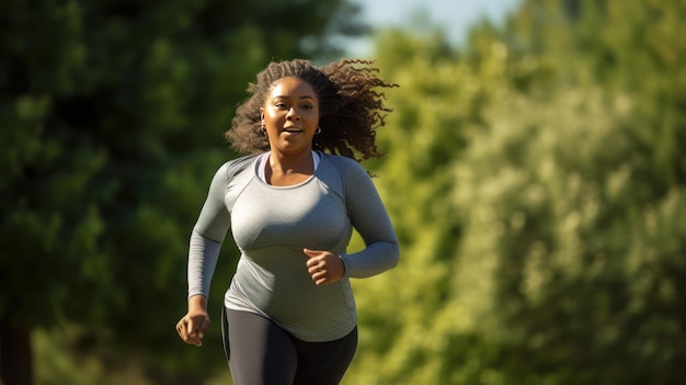 Jovem mulher gordo afro-americano correndo através do parque da cidade perda de peso correndo treino