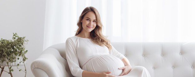 Jovem mulher grávida feliz com barriga grande em uma casa moderna Gravidez maternidade Generative ai