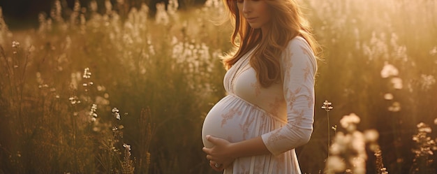 Jovem mulher grávida feliz com barriga grande na natureza do pôr do sol Gravidez maternidade Generative ai