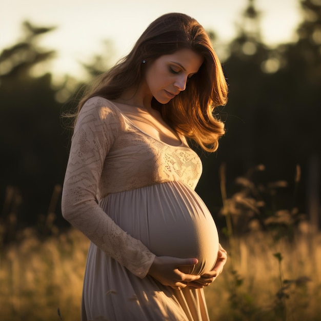 Jovem mulher grávida feliz com barriga grande na natureza do pôr do sol Gravidez maternidade Generative ai