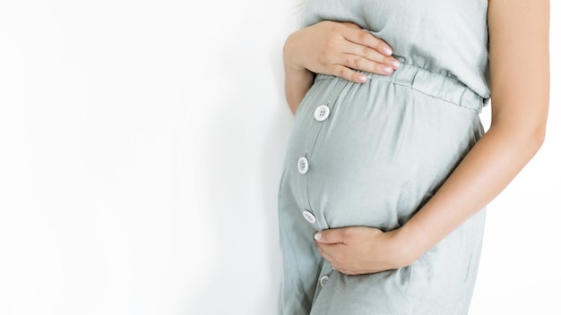 Jovem mulher grávida mantém as mãos sobre a barriga inchada no vestido. Conceito de amor. Horizontal com espaço de cópia, fundo branco