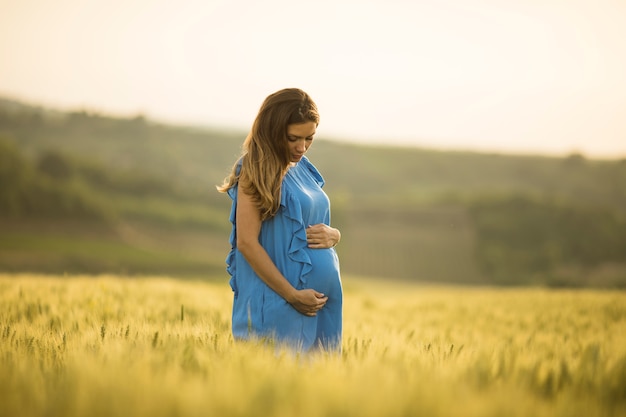 Jovem mulher grávida no campo