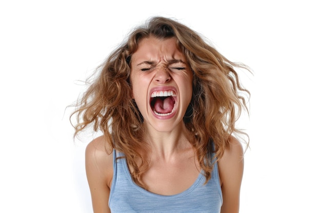 Foto jovem mulher gritando de dor isolada em fundo branco