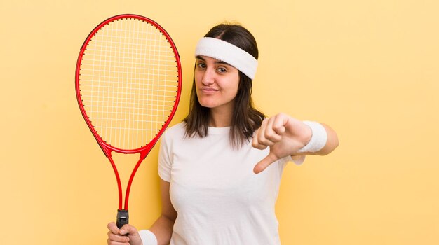 Jovem mulher hispânica se sentindo mostrando os polegares para baixo o conceito de tênis