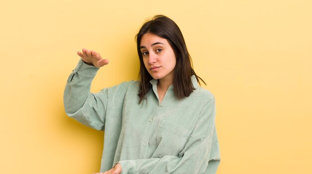 Jovem mulher hispânica segurando um objeto com as duas mãos no espaço de cópia lateral mostrando oferecendo ou anunciando um objeto