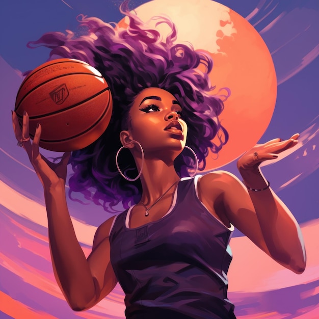 Jovem mulher jogando basquete Bela jogadora de basquete afro-americana em movimento e ação