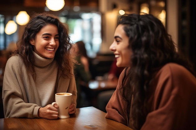 Jovem mulher latina a beber café com uma amiga num restaurante.