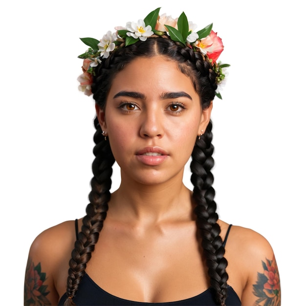 Foto jovem mulher latina com coroa trançada e tatuagem floral rosto adorável olhos agradáveis boca rosnando