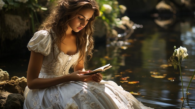 jovem mulher lendo um livro na floresta de outono