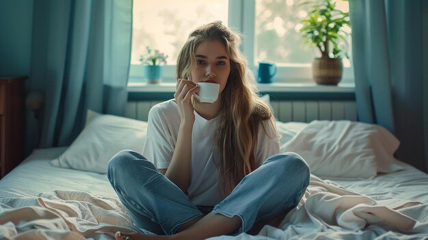 Foto jovem mulher linda bebendo chá de cama sentada na cama pela manhã