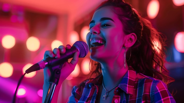 Jovem mulher linda cantando com microfone no palco com luzes coloridas ao fundo