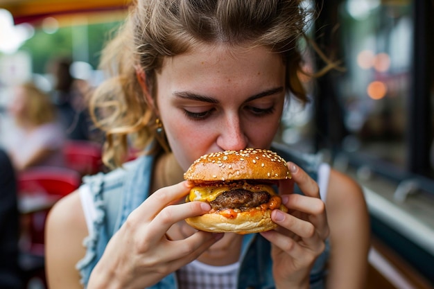 Foto jovem mulher linda comendo uma fatia de pizza na rua da cidade