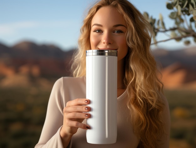 Foto jovem mulher loira com uma grande caneca de viagem branca sorri para a câmera