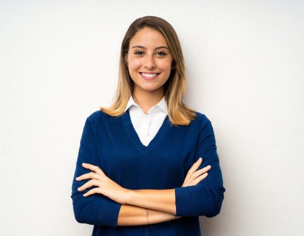 Foto jovem mulher loira em fundo branco isolado com os braços cruzados frontal posando sorrindo cervo feliz