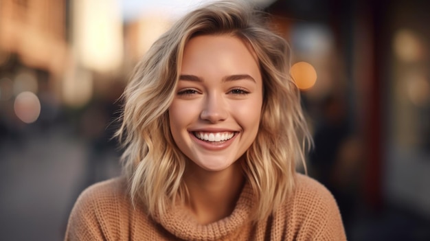 Jovem mulher loira sorridente posando em fundo desfocado suave Generative AI
