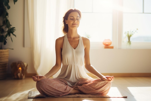 Jovem mulher meditando em casa pratica ioga no quarto