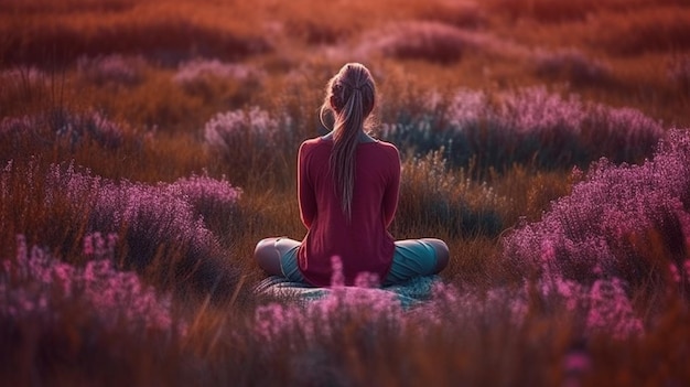 Jovem mulher meditando em um prado de lavanda ao pôr do sol