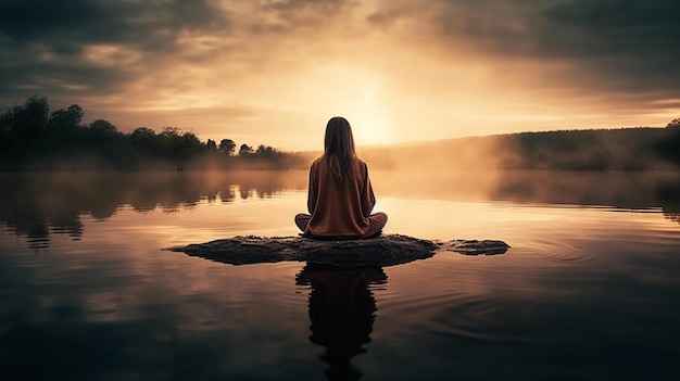 Jovem mulher meditando em uma pedra no lago na meditação da espiritualidade do pôr do sol