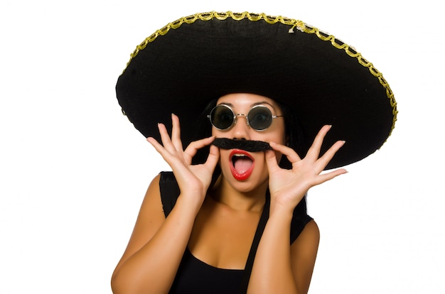 Jovem mulher mexicana vestindo sombrero isolado no branco