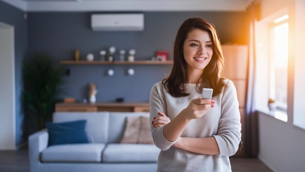 Jovem mulher morena em seu apartamento moderno